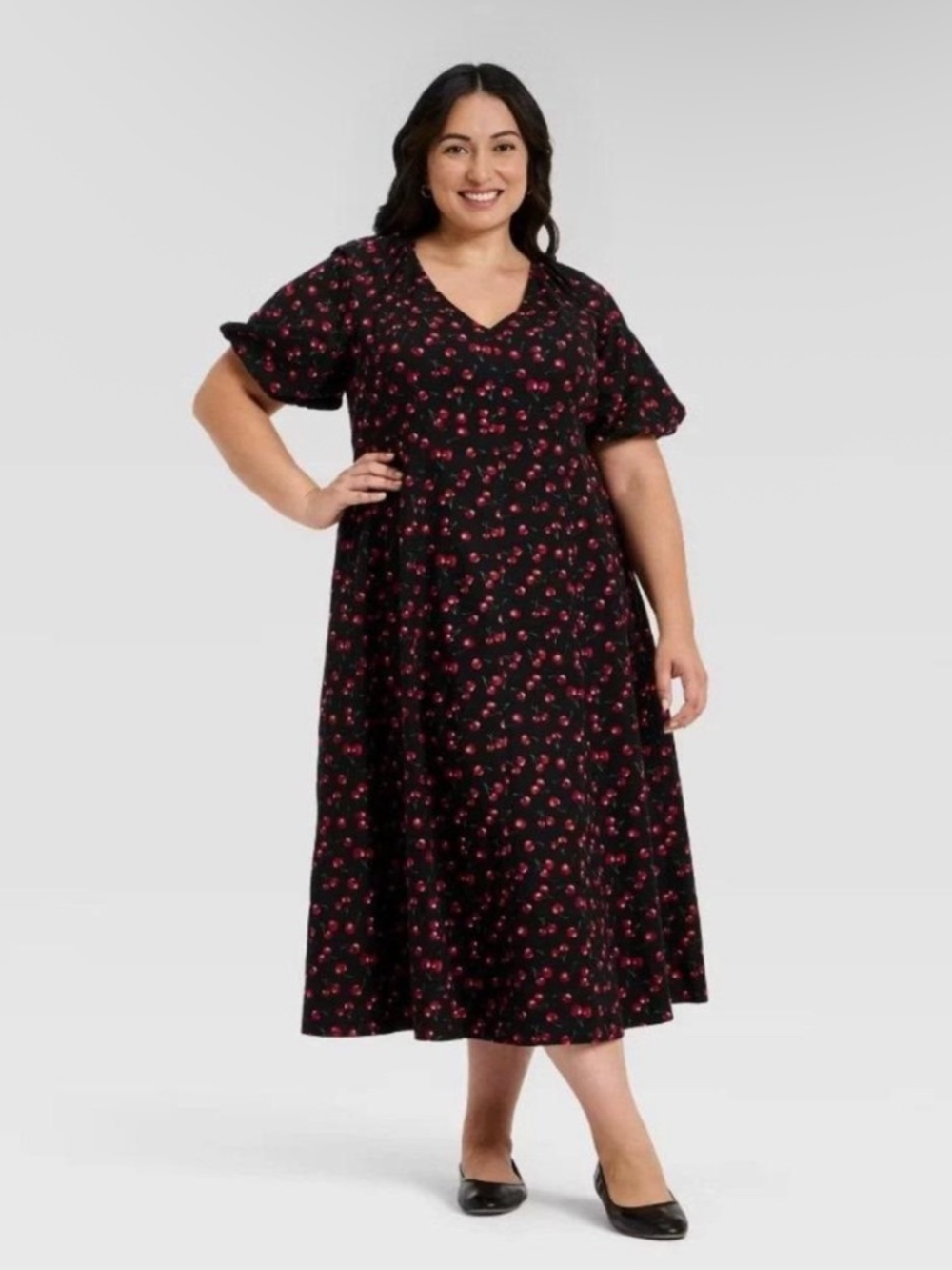 Ava & Viv Puff Short Sleeve Maxi Dress Cherry Pring V-Neckline Empire Waist 2X